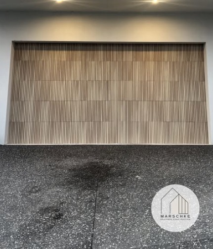 Timber batten feature wall with downlights
